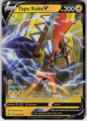 Foil Tapu Koko V 072/202 SWSH01: Sword & Shield Base Set Ultra Rare NM