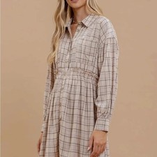 NWT Plaid Dress Long Sleeve Button Down Neutral Cottage Fall Autumn S Minimalist