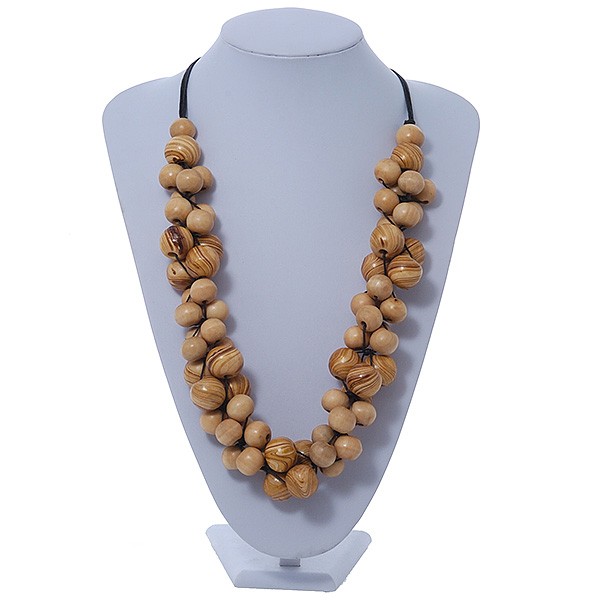 Light Brown Cluster Wood Bead Black Cotton Cord Necklace - 70cm L