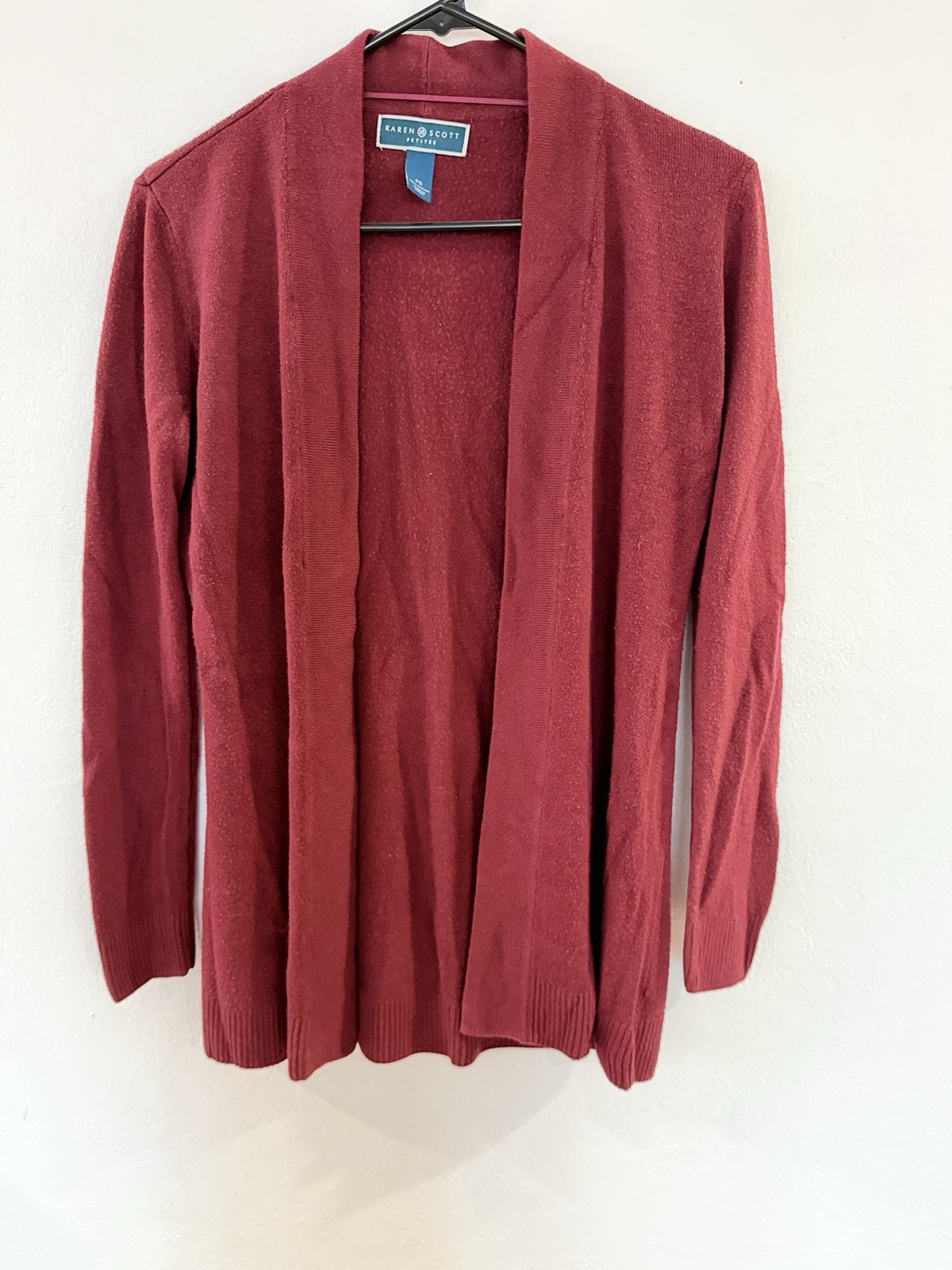 Karen Scott Petites PS Burgundy Solid Knit Cardigan Sweater, Open Front Acrylic