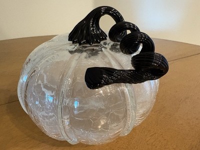 Art Glass Fall Harvest Black Stem Pumpkin Clear Crackle Glass Hand Blown 7'' tall