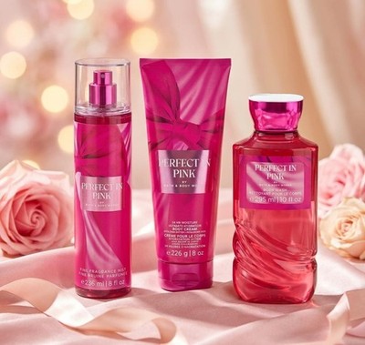 Bath & Body Works Perfect In Pink Fragrance Mist Body Wash Cream 3 Pc Set New