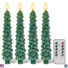 GenSwin Flameless Taper Candles - 4 Green LED Candlesticks with Remote Timer