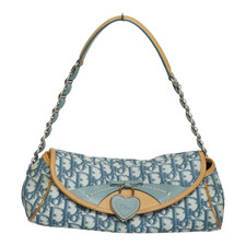 Christian Dior Romantic Shoulder Handbag Trotter Blue Canvas Leather Authentic