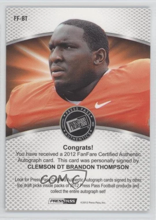 2012 Press Pass Fanfare Blue /199 Brandon Thompson #BT Rookie Auto RC - Image 2 of 2