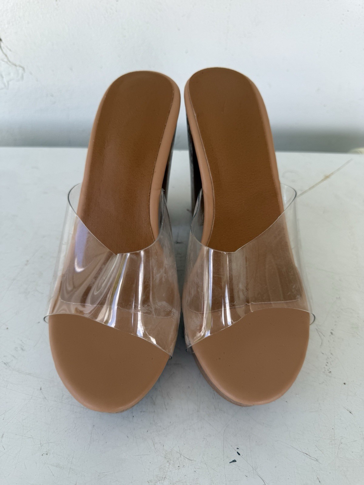 Women's Clear Tan Plastic Mule Heels Open Toe Block Heel Slip On Size 7