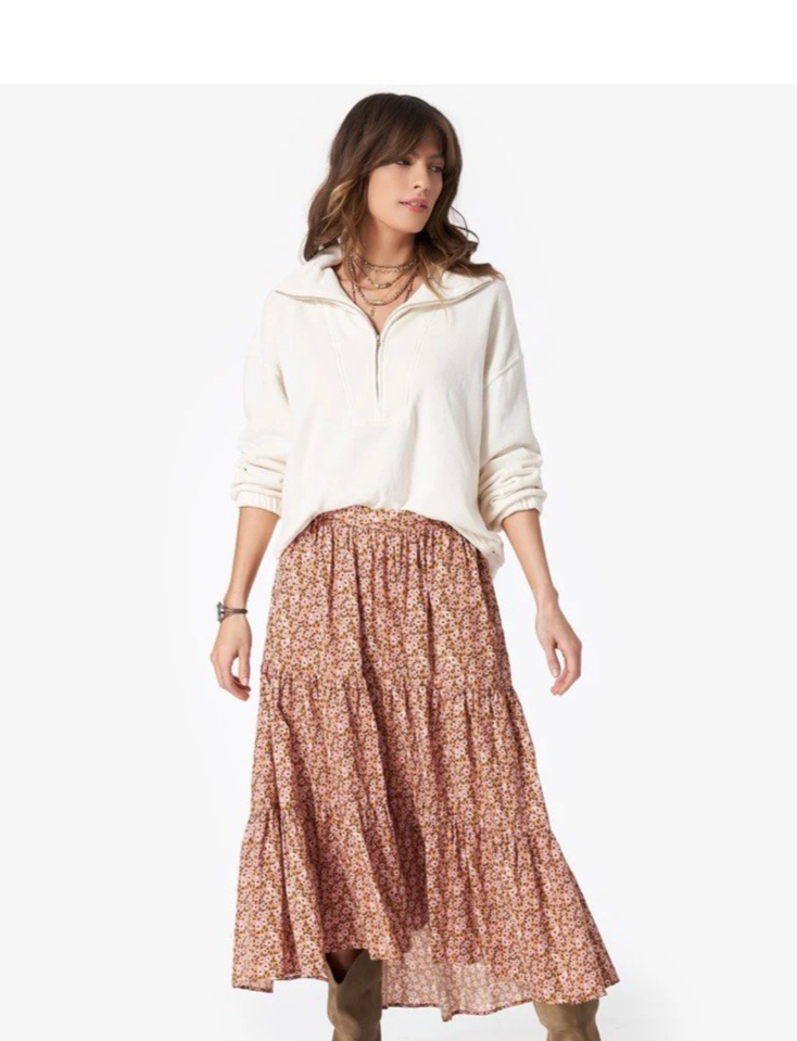XIRENA Midi Skirt Floral Cotton High Low SZ S Iris Honeysuckle Boho Pockets Fall-image