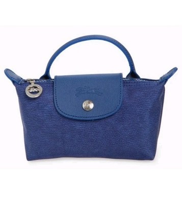 Longchamp Le Pliage Mini Top Handle Canvas Cosmetic Pouch Case Blue Denim NEW