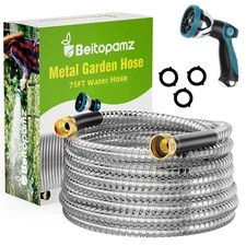 Garden Hose 75 ft, Stainless Steel Metal Water Hose 75 Feet with Nozzle, Flex...
