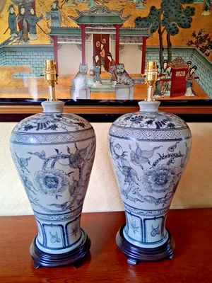 Pair of Celadon Bird and Flower Design Table Lamps C/P-177