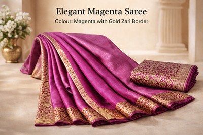 Magenta Seidensari mit goldener Zari-Bordüre | Indischer Hochzeit Partykleidung Sari