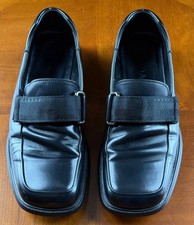 Prada 1252 Square Toe Loafers Black Leather Hook Loop Strap Metal Ring UK 9