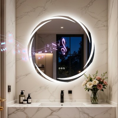 32'' Smart LED Bathroom Mirror Wall-Mounted with Bluetooth Speaker Dimmable Round