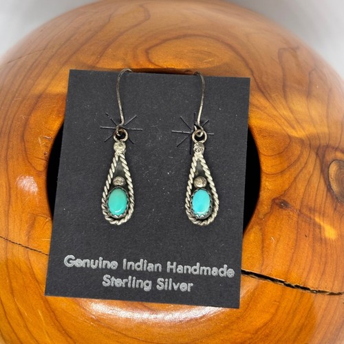 VTG Genuine Indian Handmade Sterling Silver Turquoise Teardrop Earrings Navajo