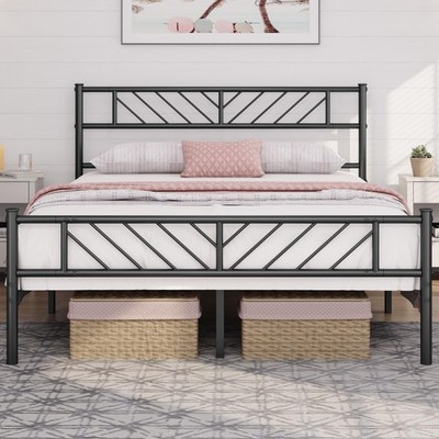 Queen Size Platform Bed Frame with Arrow Design Headboard, Easy Assembly, Black
