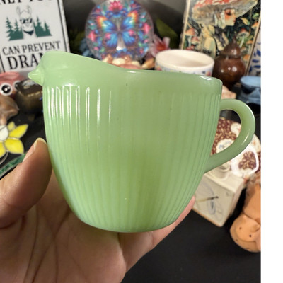 Green Ribbed Glossy Glass Creamer Pitcher w/ Handle & Spout, Solid, 1pc