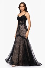 Blondie Nites Navy Nude Mermaid Gown Illusion Lace Prom/Formal Dress Size 15