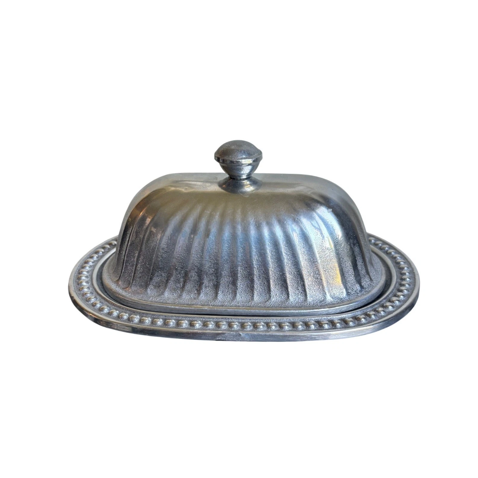 VTG Wilton Armetale Flutes and Pearls Butter Dish with Lid Beaded Rim Silver