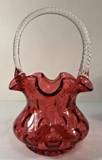 Fenton Art Glass Cranberry Glass Basket Clear Handle Fenton 8" x 4.5"