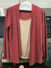 NAIF Women’s 2-in-1 Layered Cardigan Top Size M Burgundy Red with Tan Insert