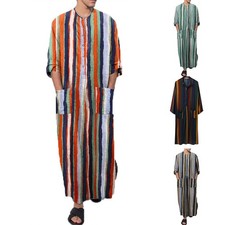 Long Dress Mens Robe Breathable Cotton Fashion Jubba Kaftan Long Sleeve