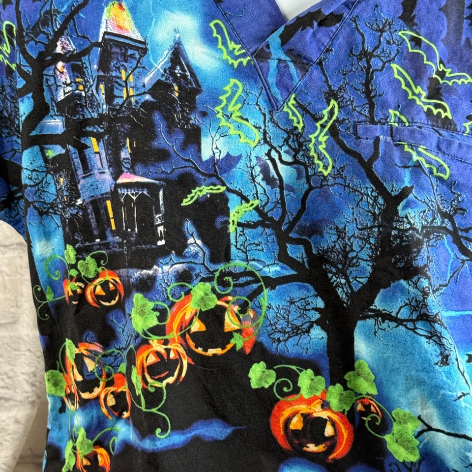 Scrubs Halloween Haunted Mansion Small Jack-O-Lanterns Bats Smart Scrubs House - Image 2 of 4