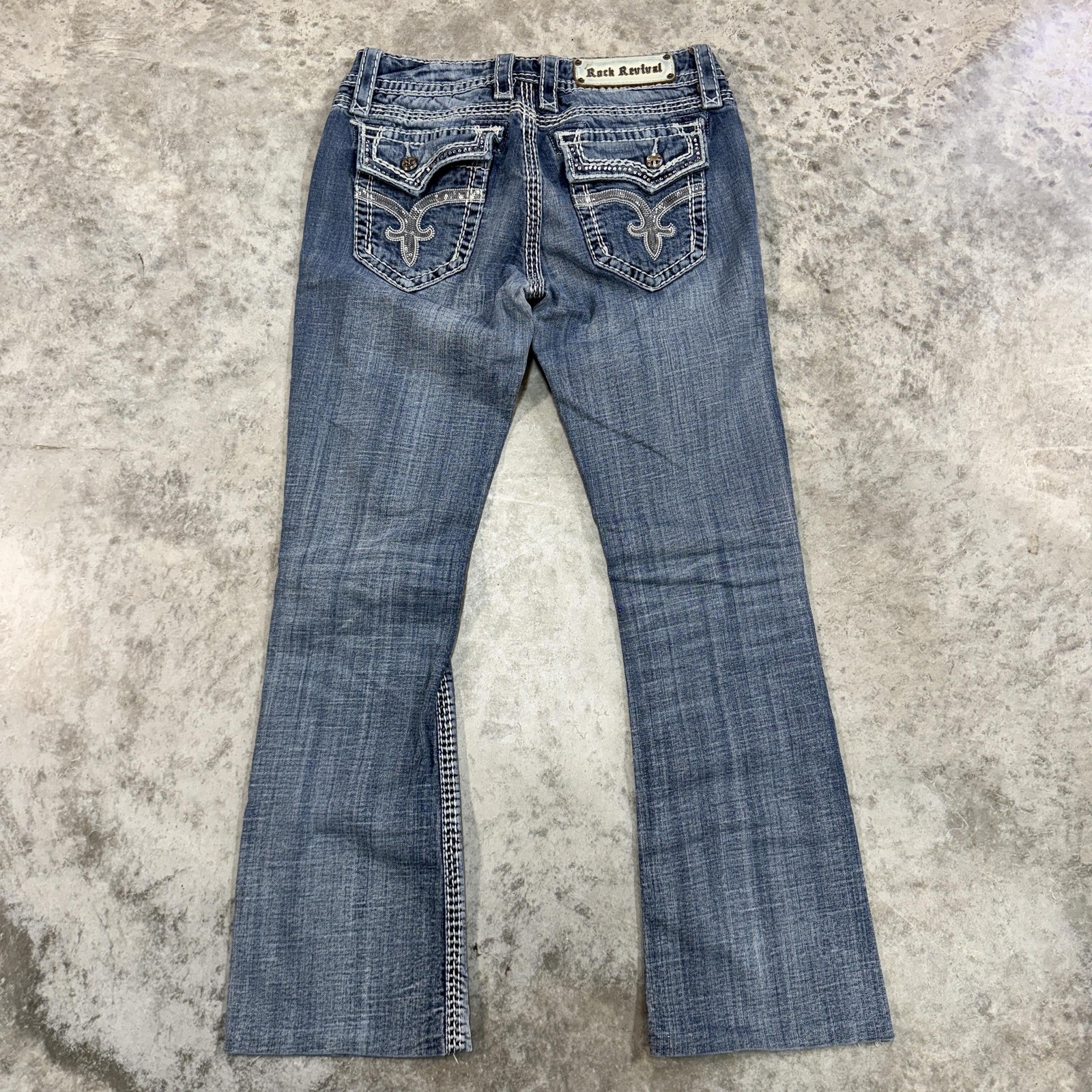 Rock Revival Jeans Womens 29 Blue Ka Boot Distressed Flare Embroidered Pockets