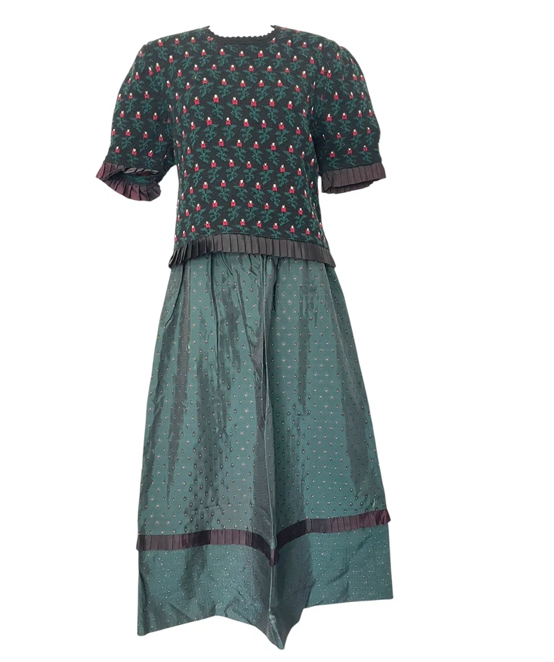 Conjunto de Suéter Vintage Susan Bristol Lã Férias Verde Floral Preppy Dinheiro Antigo P - Imagem 2 de 4