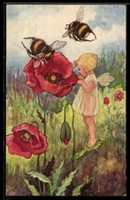Postcard elf and bumblebees looking for nectar on the same flower