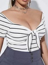 SHEIN CURVE Women Cropped White Striped Front Wrap Tie Top Blouse SZ 0XL Size 12
