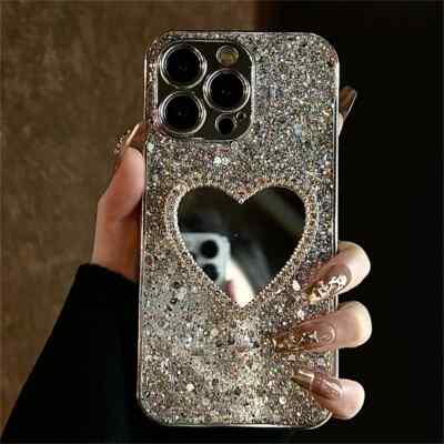 Bling Glitzer Beschichtung 3D Liebe Herz Spiegel Hülle für iPhone 14 15 13 12 Pro Max +