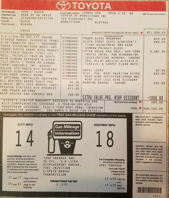 1995 TOYOTA 4RUNNER ORIGINAL MSRP WINDOW STICKER eBay