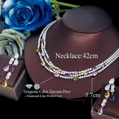 Shiny Colorful Cubic Multi Layer Bridal Wedding Choker Necklace Earrings Jewelry - Picture 5 of 13