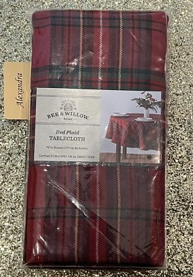 BEE & WILLOW HOME Printed Fabric Tablecloth 70" Round (4-6 ppl) Red Checkered Christmas Kitchen