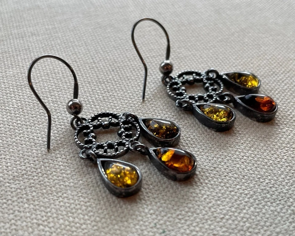 Gunmetal Chandelier Earrings Sterling Caviar Cable Dangle Steampunk Gothic 2" - Image 2 of 4