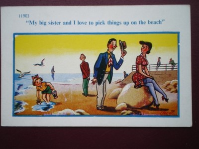 POSTKARTE COMIC MEINE GROSSE SCHWESTER & ICH LIEBE ES, DINGE AM STRAND ABZUHOLEN