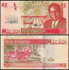MALAWI 5 KWACHA 1995 UNC PORTRAIT OF PRESIDENT BAKILI MULUZI AT RIGHT,SUNRISE AB