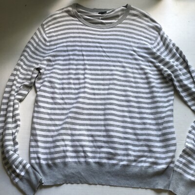 J Crew Cotton crewneck sweater in striped garter stitch gray white sz xl a1393