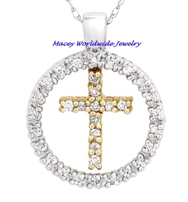 Glorious 10K Gold Two Tone Circle Of Life White Diamond Cross Necklace Pendant