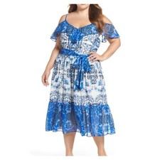 Eliza J Ruffle Floral Ruffle Dress Womens 16 NEW Cold Shoulder Blue Chiffon