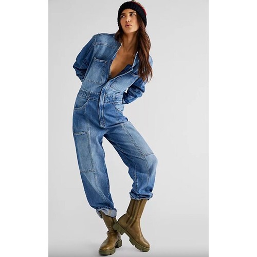 Free People Night Moves Denim Jumpsuit in Blue Size Medium - Picture 2 of 7