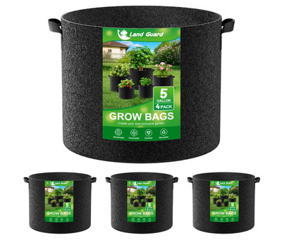 Land Guard 4 Pk,5Gal Fabric Grow Bags Thickened Nonwoven Planting Pots w Handles