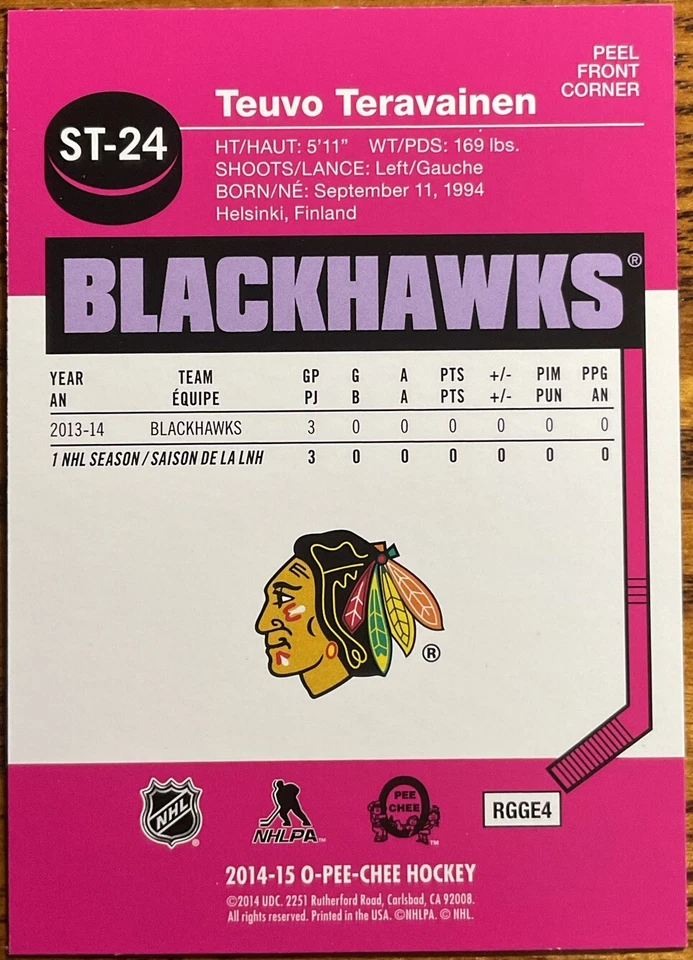 2014-15 O-Pee-Chee Stickers Teuvo Teravainen #ST-24 Chicago Blackhawks - Image 2 of 2