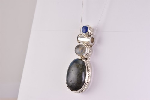 Sterling Silver 48mm x 17mm Labradorite Moonstone Lapis Slider 925 Pendant - Picture 3 of 5