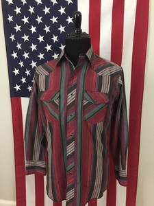 vtg-Rustler-Wrangler-Striped-Pearl-Snap-Western-Shirt-men-039-s-MEDIUM-red-grey-9559