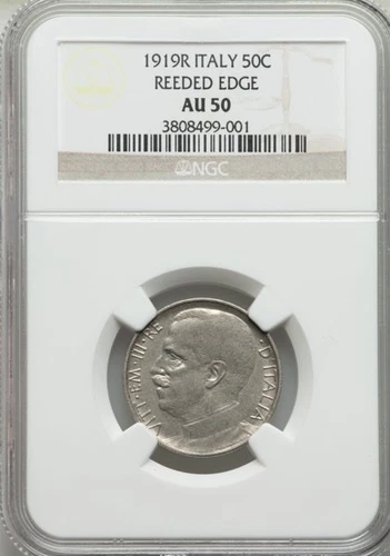 ITALY KINGDOM 1919-R  50 CENTESIMI ALMOST UNCIRCULATED COIN, NGC CERTIFIED AU50