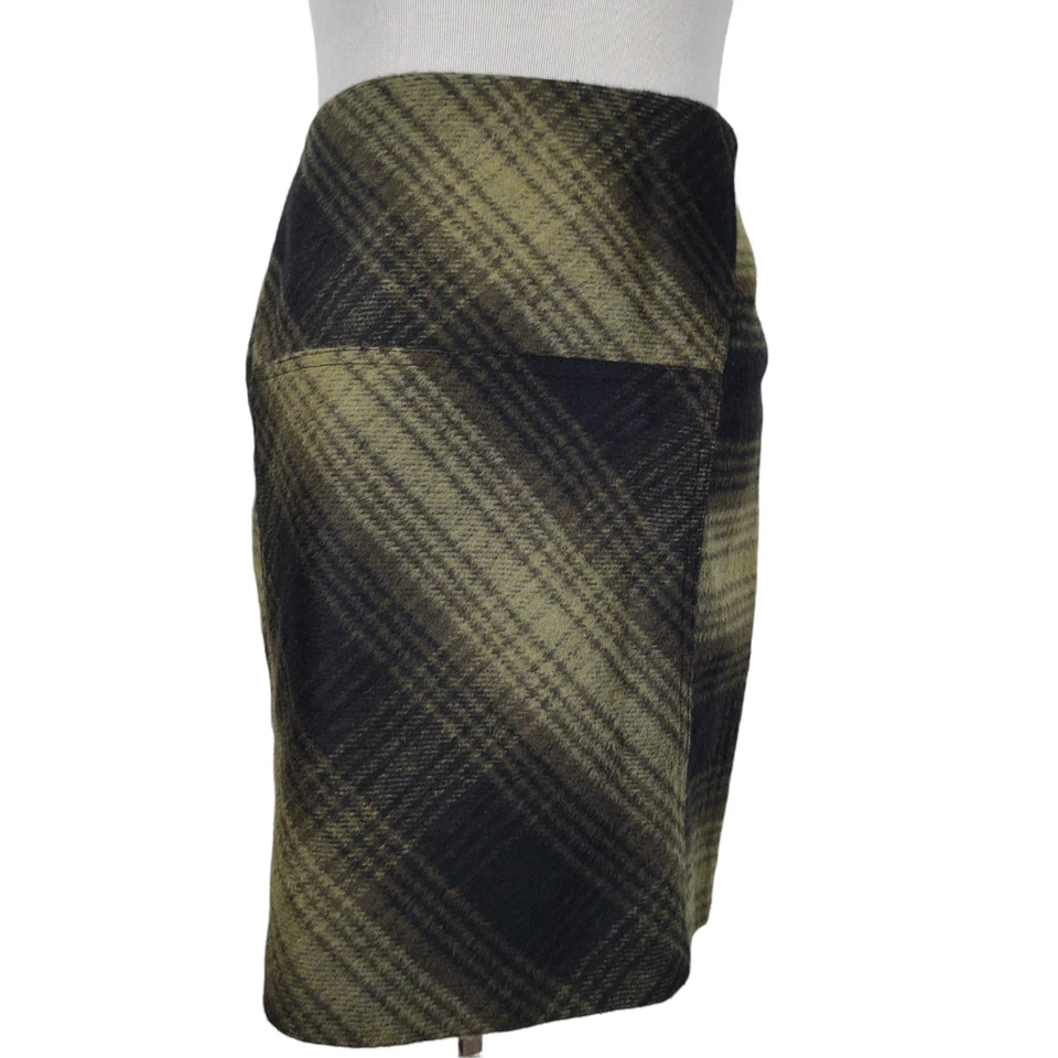 Falda Lápiz Vivienne Tam Mezcla Lana Cuadros Talla 10 Negro Oliva Cuadros Mini Foto 4 de 4