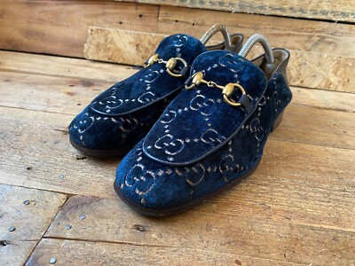 Gucci Black Loafers with Blue and Gold Embroidery Gucci Jordaan GG Embroidered Velvet Horsebit Loafers Navy  main image 4