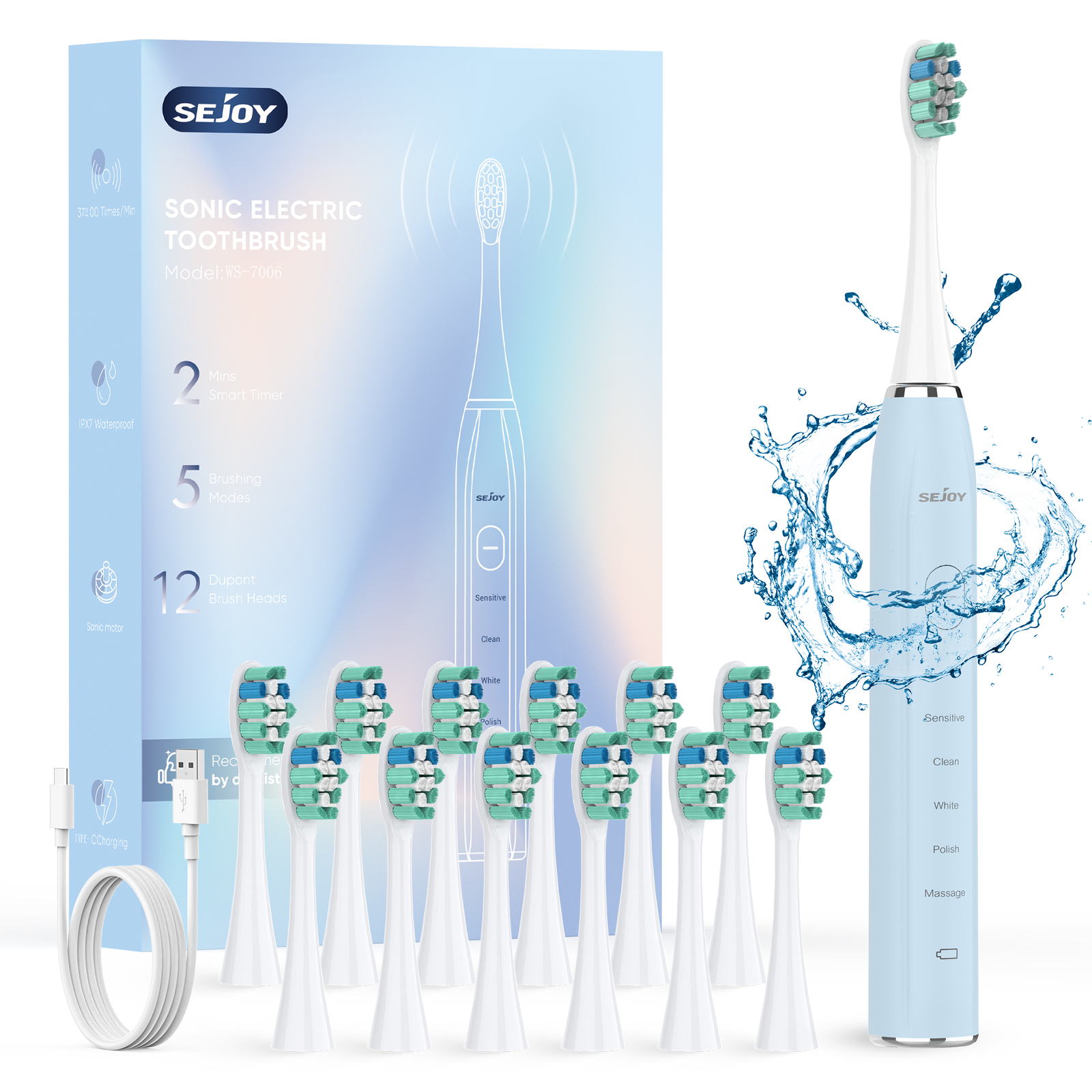 SEJOY Sonic Elektrische Zahnbürste Schallzahnbürste Mit 12 Ersatzbürsten 5 Modi
