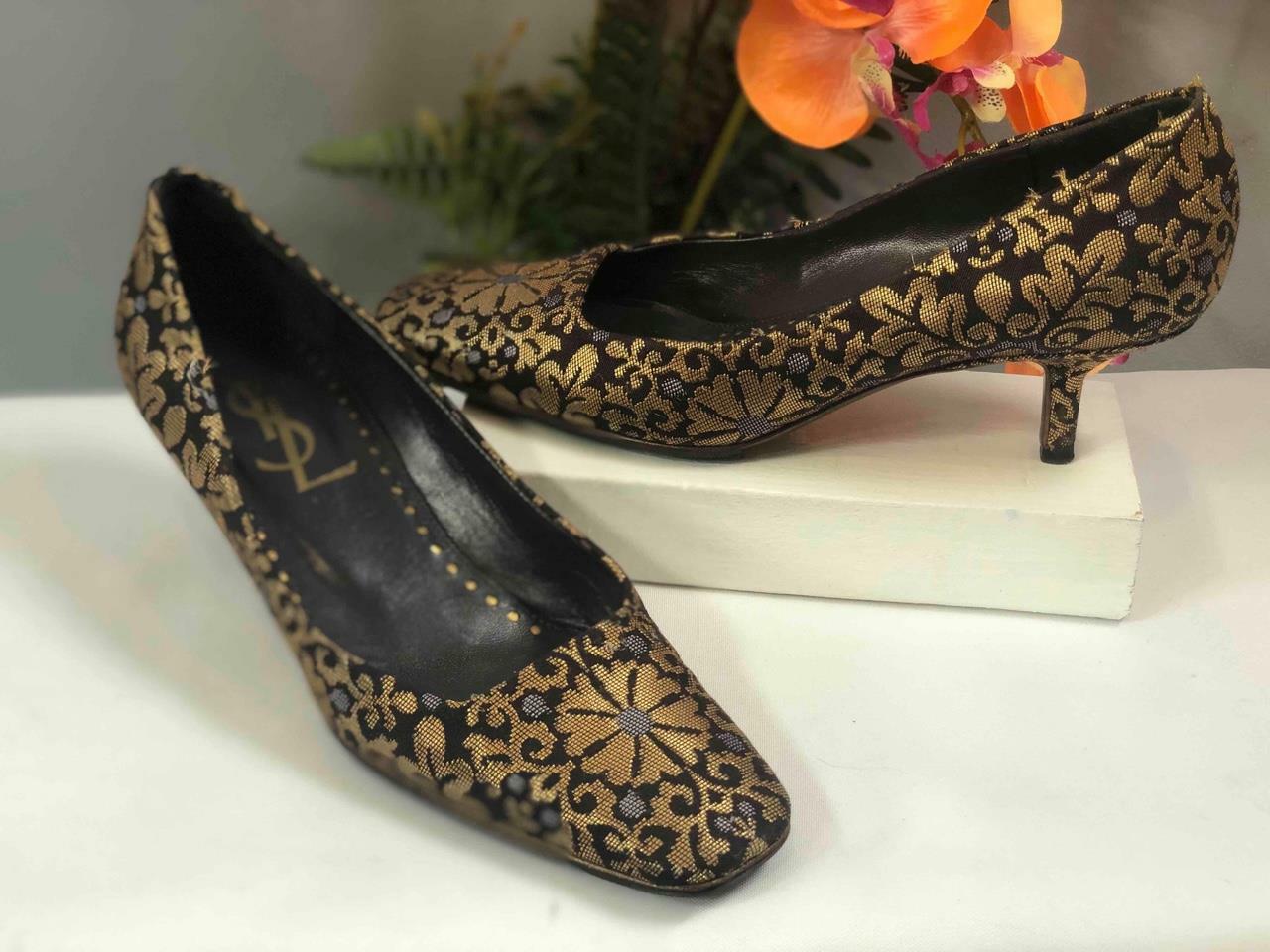 Décolleté punta quadrata YVES SAINT LAURENT ""Brocade"" tessuto nero e oro EU 38 US 7 5